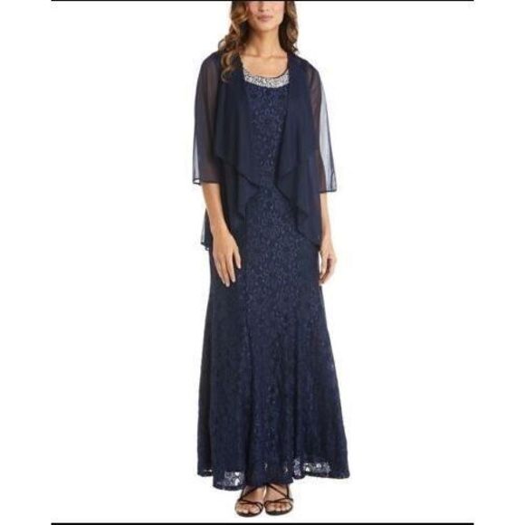 R&M Richards Women's Sz 14 Navy Beaded Dress & Flyaway Jacket 2 Piece Set $139 - Picture 7 of 7